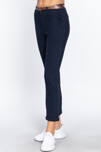 Cotton-Spandex Twill Belted Long Pants