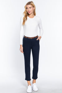 Cotton-Spandex Twill Belted Long Pants