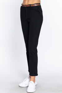 Cotton-Spandex Twill Belted Long Pants