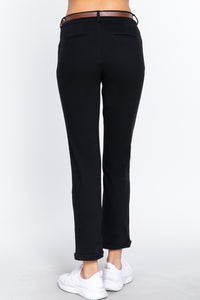 Cotton-Spandex Twill Belted Long Pants