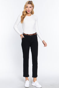 Cotton-Spandex Twill Belted Long Pants