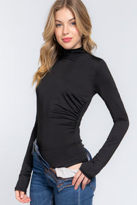 Long Sleeve High Neck Shirring Detail Knit Bodysuit