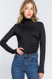 Long Sleeve High Neck Shirring Detail Knit Bodysuit