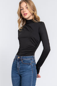 Long Sleeve High Neck Shirring Detail Knit Bodysuit