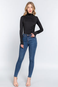 Long Sleeve High Neck Shirring Detail Knit Bodysuit