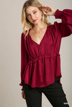 Load image into Gallery viewer, Satin V-Neck Ruffle Baby Doll Top With Cuffed Long Sleeve
