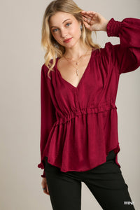 Satin V-Neck Ruffle Baby Doll Top With Cuffed Long Sleeve