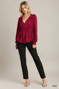 Satin V-Neck Ruffle Baby Doll Top With Cuffed Long Sleeve