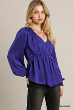 Load image into Gallery viewer, Satin V-Neck Ruffle Baby Doll Top With Cuffed Long Sleeve
