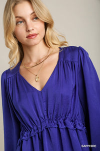 Satin V-Neck Ruffle Baby Doll Top With Cuffed Long Sleeve