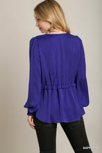 Load image into Gallery viewer, Satin V-Neck Ruffle Baby Doll Top With Cuffed Long Sleeve
