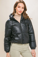 Load image into Gallery viewer, Pu Faux Leather Zipper Hooded Puffer Jacket
