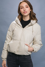 Load image into Gallery viewer, Pu Faux Leather Zipper Hooded Puffer Jacket
