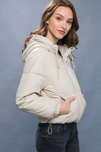 Pu Faux Leather Zipper Hooded Puffer Jacket