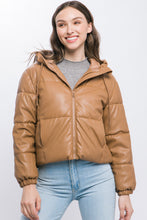 Load image into Gallery viewer, Pu Faux Leather Zipper Hooded Puffer Jacket
