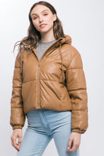 Load image into Gallery viewer, Pu Faux Leather Zipper Hooded Puffer Jacket
