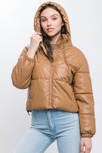 Load image into Gallery viewer, Pu Faux Leather Zipper Hooded Puffer Jacket
