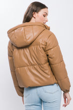 Load image into Gallery viewer, Pu Faux Leather Zipper Hooded Puffer Jacket
