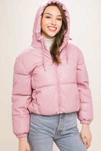 Pu Faux Leather Zipper Hooded Puffer Jacket