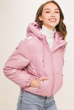 Load image into Gallery viewer, Pu Faux Leather Zipper Hooded Puffer Jacket
