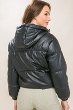 Load image into Gallery viewer, Pu Faux Leather Zipper Hooded Puffer Jacket
