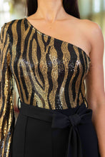 Load image into Gallery viewer, One Shoulder Zebra Sequin Jumpsuit
